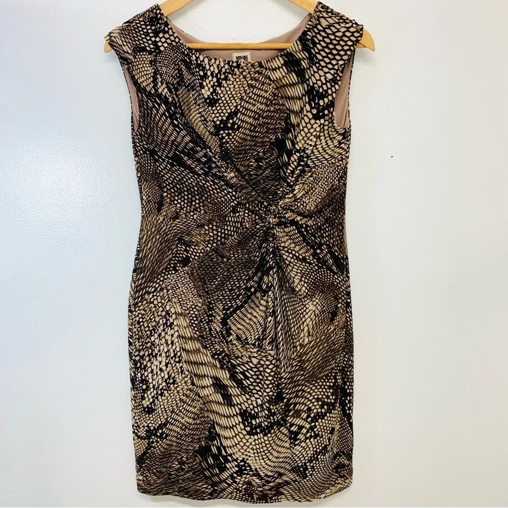 Anne Klein Dress 4 Brown Animal Print Ruched Stretch Above Knee Office Casual